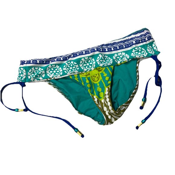 Trina Turk Bikini Bottom Ruching Tassel Size 8 Green Wave Blue Multi Color - Picture 1 of 9